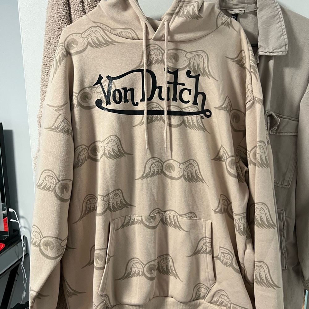 Von Dutch Beige Pullover Hoodie with Wing Graphic